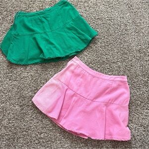 Green and Pink Flared Mini Skirts